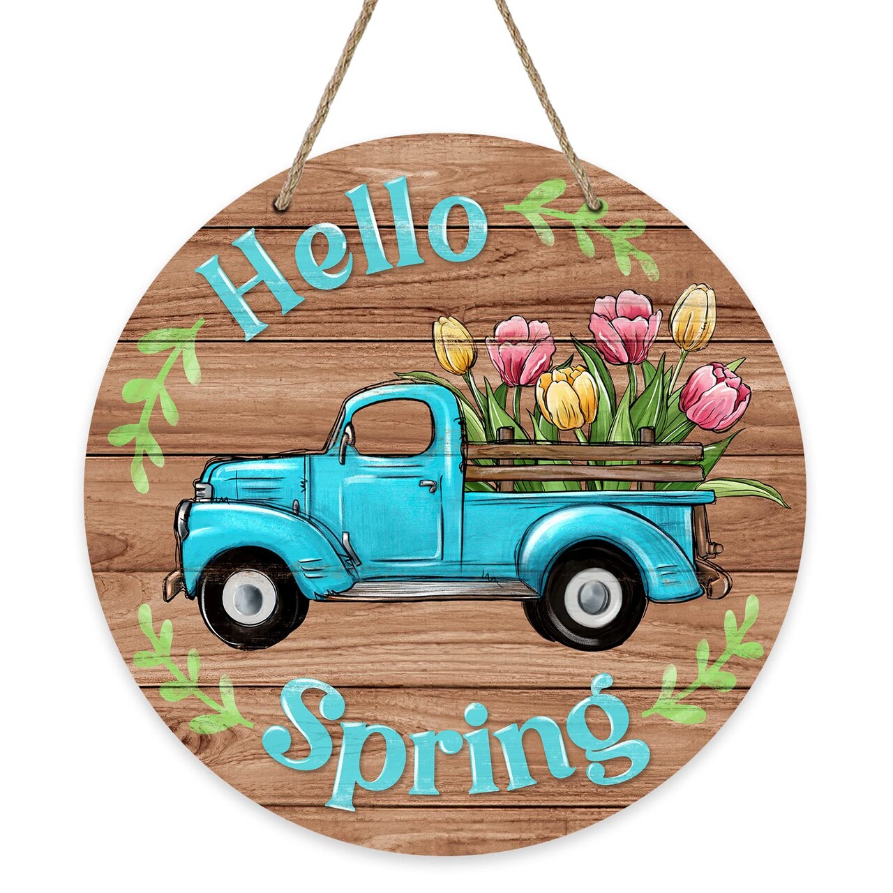 Deroro Hello Spring Blue Truck Sign for Front Door Decor, Tulip Flowers Pickup Wood Door Hanger for Outdoor Outside Porch, Rustic Farmhouse Wooden Wreath Indoor Wall Hanging Decoration